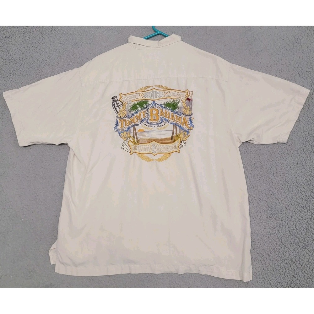 Tommy Bahama Shirt Mens Large White High Hotel Class Six Star Embroidered Silk‎